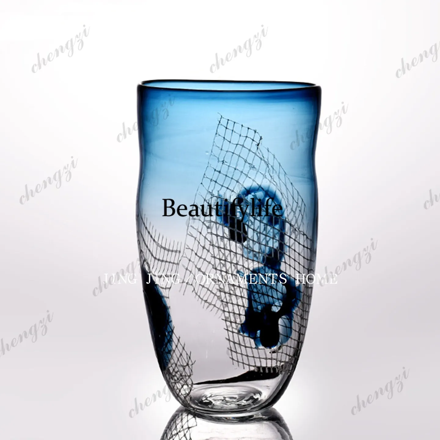 Creative modern flat mouth glass blue vase indoor flower ware dining table decoration vase