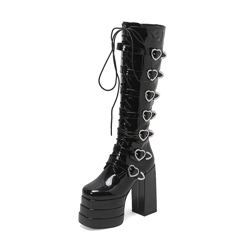 

Goth Black Boots Size 5.5-14 Women's Stacked Paltform Tall Booties Block High Heels Shoes Love Buckle Decor Footwear