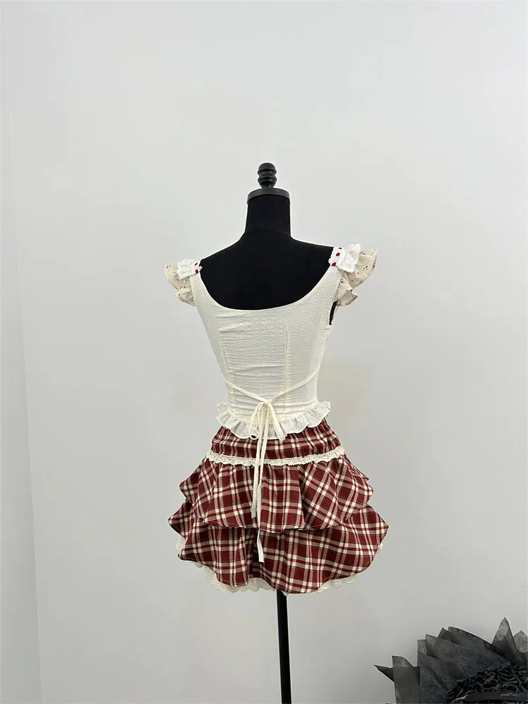 Summer Women Birthday Rave Mori Girl 2000s Ballet Core Gyaru Outfits 2 Piece Set Cute Core Lace Tank Top + Mini JK Plaid Skirt