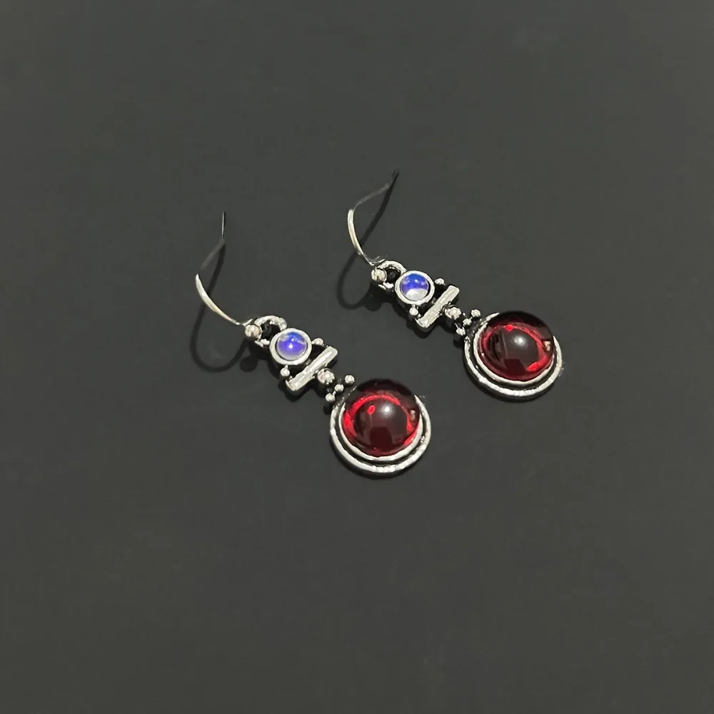 سحر الرجعية القديمة الفضة هندسية دائرة سبعة ألوان Moonstone الأحمر أوبال قلادة استرخى أقراط للنساء مزاجه مجوهرات