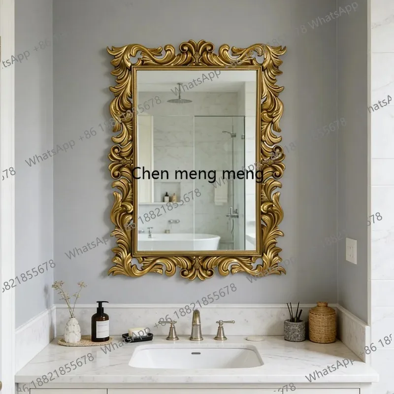K153 European retro bathroom mirror gold light luxury carved fireplace mirror French home makeup mirror advanced sense