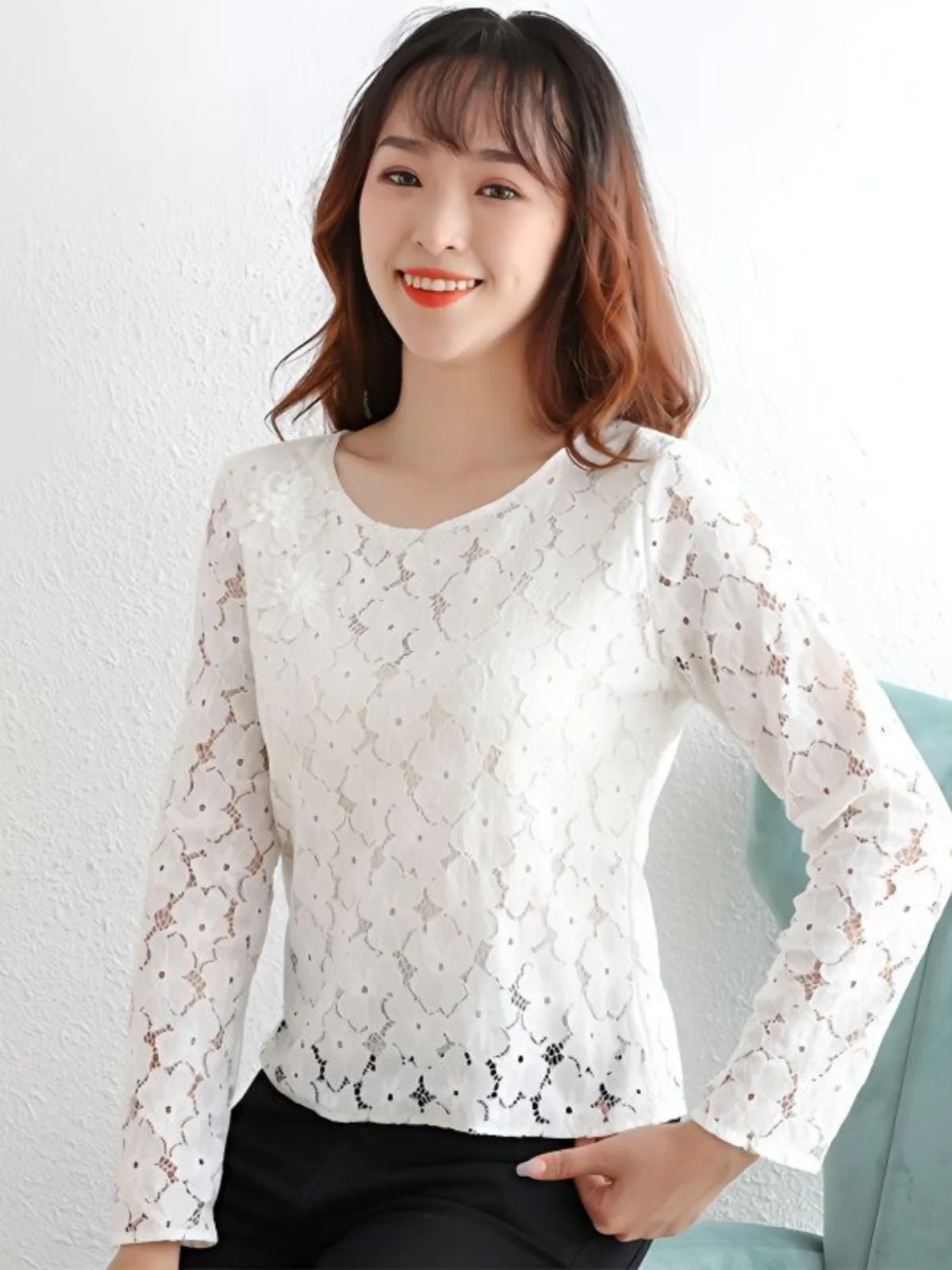 

Ele Lace Women's Long Sve High Waist Loose round Ne ort Sve Top Faionable Korean Sle 2026 New Arrival