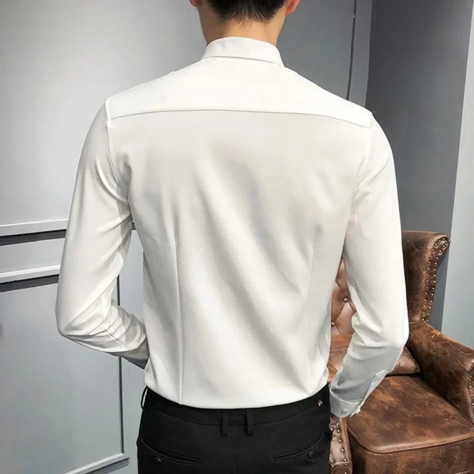 

White Shirt Korean Trendy Long Sleeve Shirt Men's Basic Elastic Slim Fit Formal Shirt ropa clothing shirts for men