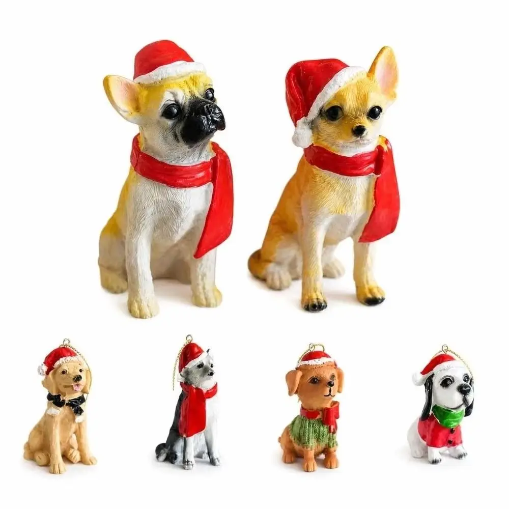 Creative Christmas Hat Dog Sculpture Puppy Sitting/Standing Position Deer Desktop Ornament Durable Exquisite