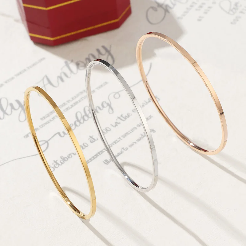Stainless Steel Stackable 2mm Thin Plain Slip On Bangle Bracelet for Women Girl