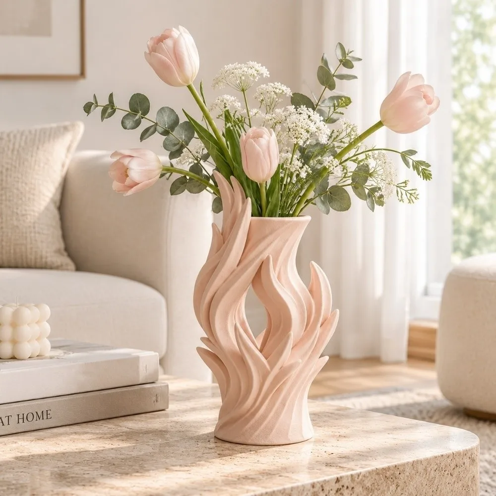 Ins Style 3D Printed Irregular Vase Hollow Out Minimalist Artistic Flame Vase Twisted Wave Flower Container Living Room