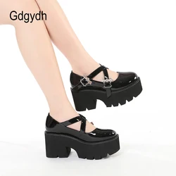 Gdgydh Metal Bat Platform Pumps Shoes Women Punk Thick Bottom Chunky Heel Mary Janes British Style Uniform School Shoes Girls