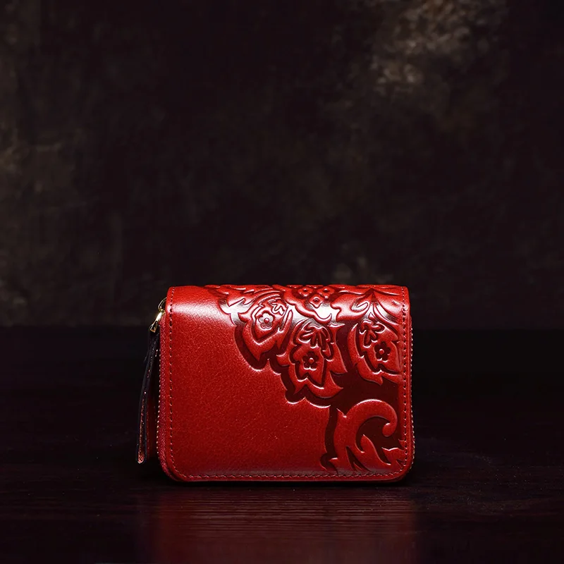 

Women's wallet leather short money clip layer cow leather embossed antique style zero wallet multi-function 2023 new