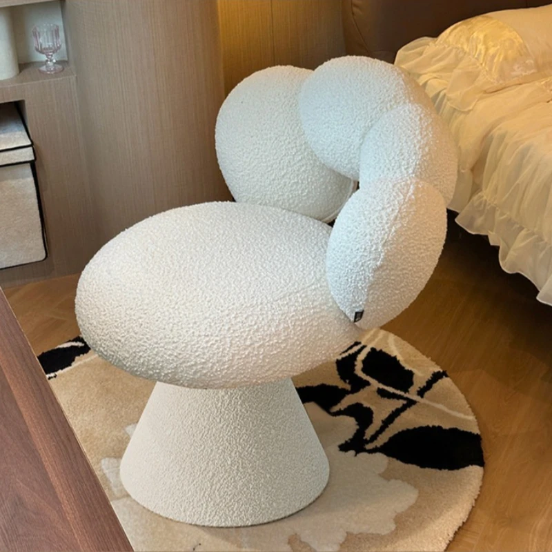 Cream Velvet Swivel Makeup Chair,Adjustable Lambswool Stool for Salon,Nail Studio with Backrest,Washable Fabric Round Ottoman