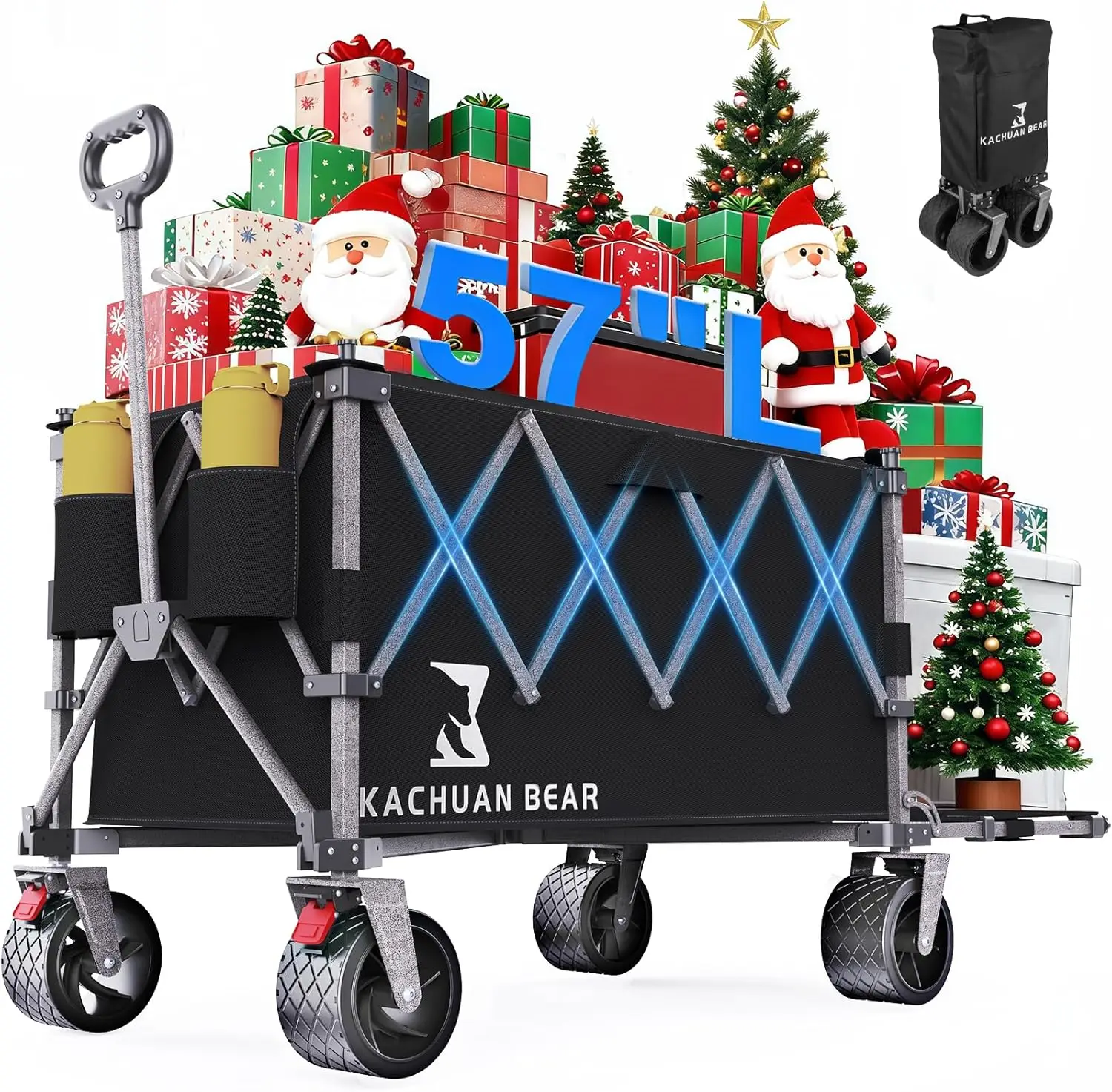 

Большой складной складной универсал длиной 57 дюймов с задней дверью и тормозом, сверхмощные пляжные вагоны мощностью 500 фунтов с вездеходными большими колесами