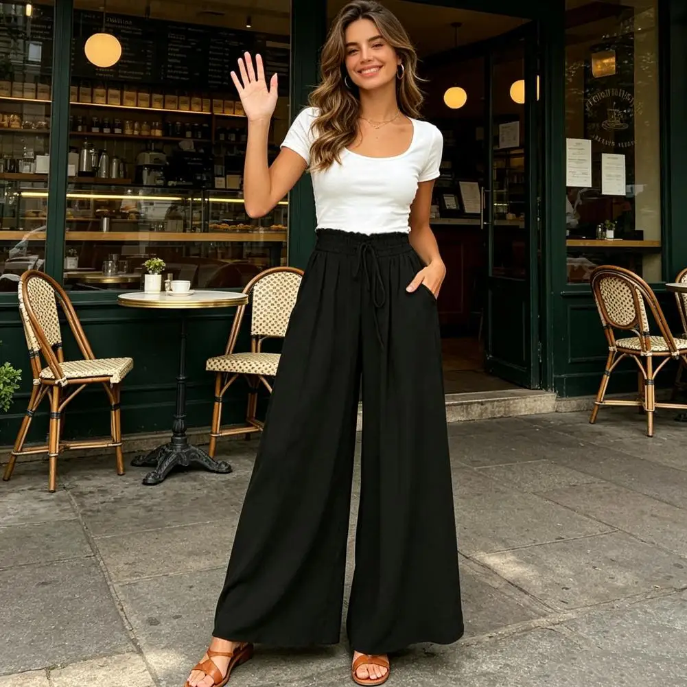 Elastic Waist Pants Women Pants Women’s Oversized Wide Leg Trousers with Pockets Adjustable Elastic Strap Long Pants Pure