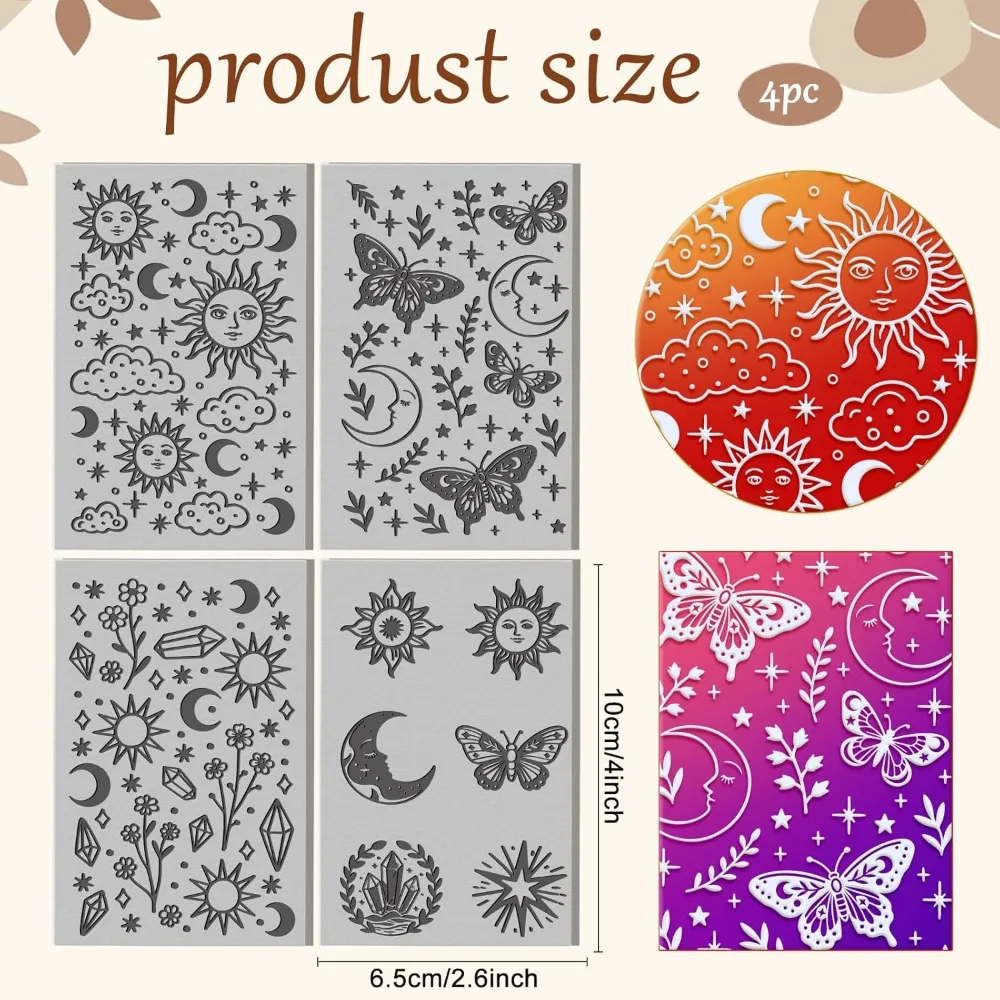 4 Sheets Sun and Moon Divination Elements Clay Texture Mat Flowers Pattern Polymer Clay Texture Sheets DIY Tools