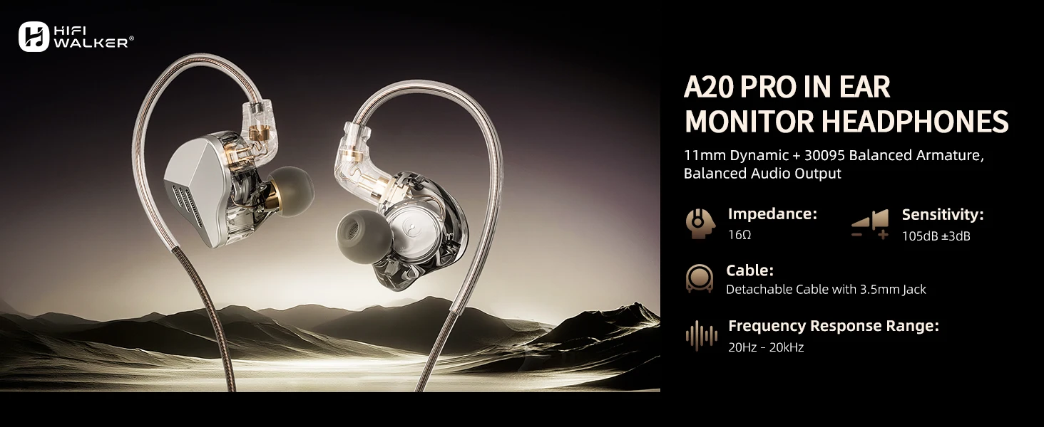 HiFi Walker A20 Pro In-Ear-Monitor für H2, H20 Pro MP3 1BA+1DD Hybrid-Treiber, Abnehmbares Kabel, Geräuschisolierend mit Klarem Vokal – Detail 1
