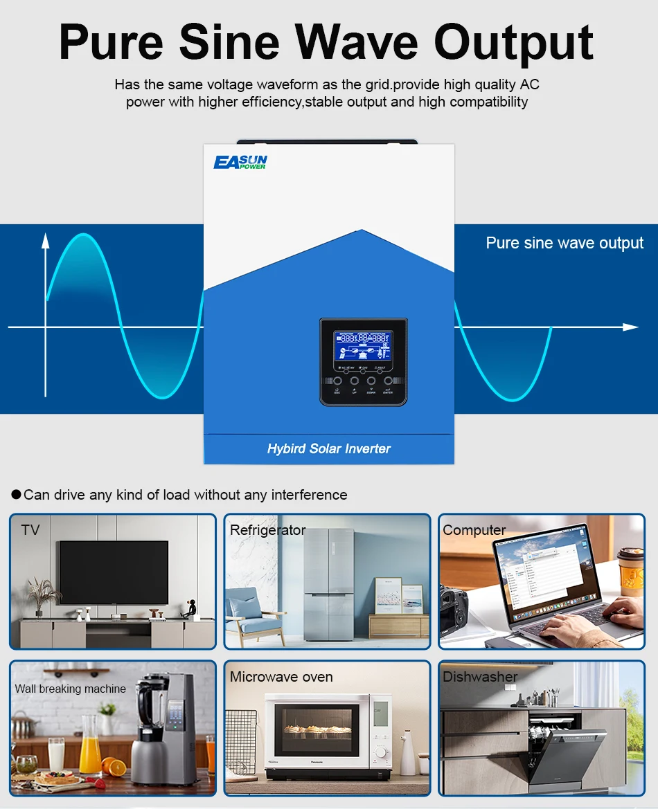 Easun 7000w 4200w 3200w 2200w 12v 24v 48v MPPT Hybrid Off Grid Pure Sine Wave 80a 110a 230v 50/60hz Solar Inverter Charger for EU UA AU Overseas warehouse