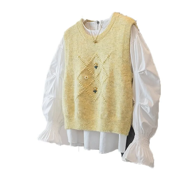 Korean Style Women Autumn Sweet Floral Embroidery Knit Vest Round Neck Sleeveless Layering Waistcoat