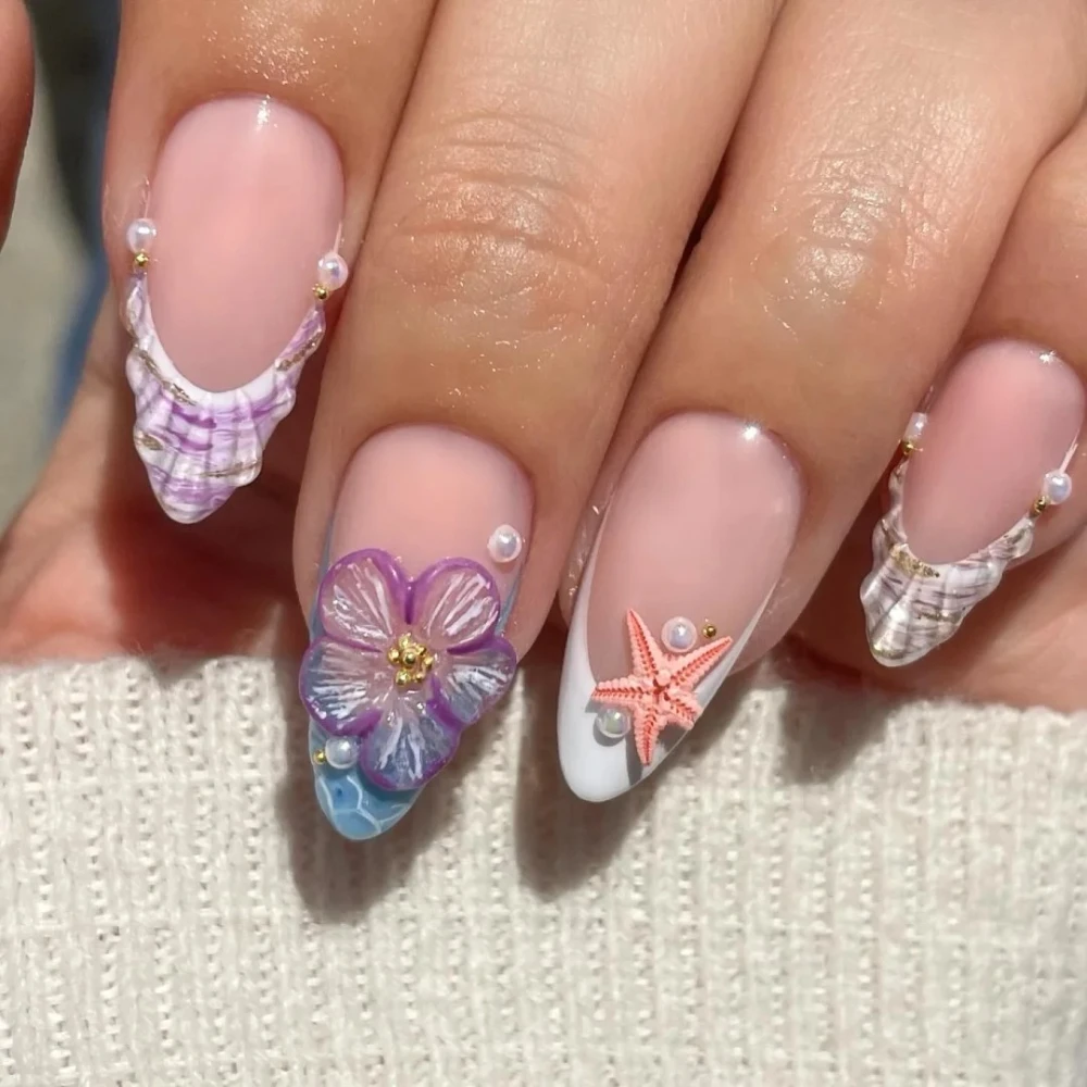 10Pcs Handmade Manicure Medium Almond Fake Nails starfish Limited Press On Nails Design with Adhesive Nail File Set