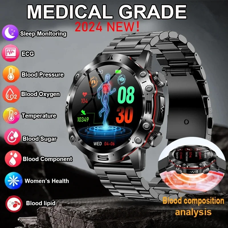 2024 New Uric Acid Blood Glucose Smart Watch Men Heart Rate ECG+PPG Watches Bluetooth Call Sport Fitness Tracker Men Smartwatch