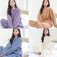 Winter Soft Coral Velvet Jacquard Warm Pajama Set for Women Solid Minimalist Striped Loungewear Female Comfortable Sleepwear New - Image 3