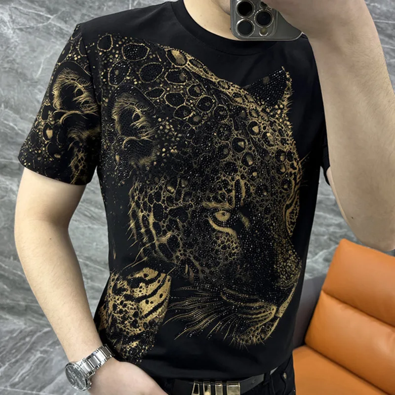 Trend Fashion American Casual Short Sleeve Bottom Summer Top Men Fashion Short Sleeve T-shirt Leopard Head Print Hot Diamond