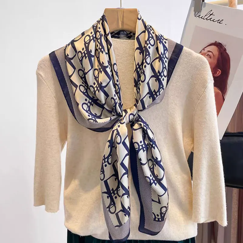 Women's Faux Silk Scarf 70 Spring Summer Autumn Fashion Printed Letter Scrimple on Tote with Matching Small Square Shawl for Mom