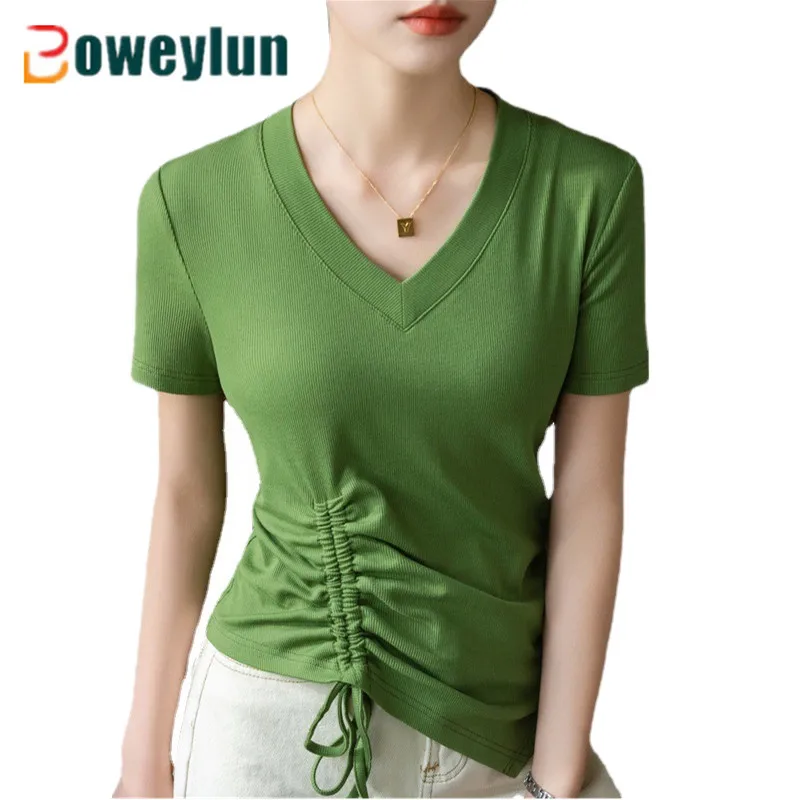 

Boweylun New Retro Drawstring Pleated Short Sleeve T-shirt Women Summer Soft and Breathable Wide Side Threaded V-Neck Waist Tops