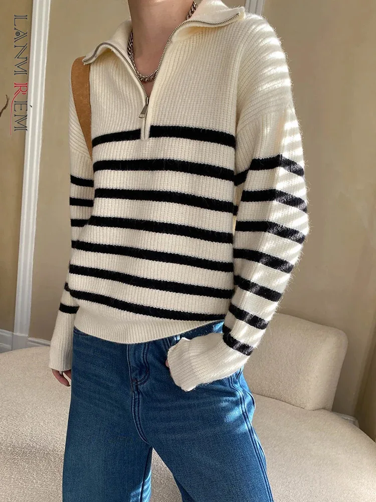 

[LANMREM] Striped Contrast Color Knit Pullovers Women's Half Zipper Design Casual Loose Sweater Female 2025 Spring New 26C1551