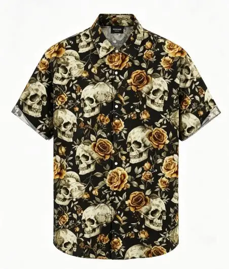 Men Short Sleeve Button Down Shirt Vintage Skull Golden Rose Floral Print Polyester Casual Halloween Party Blouse