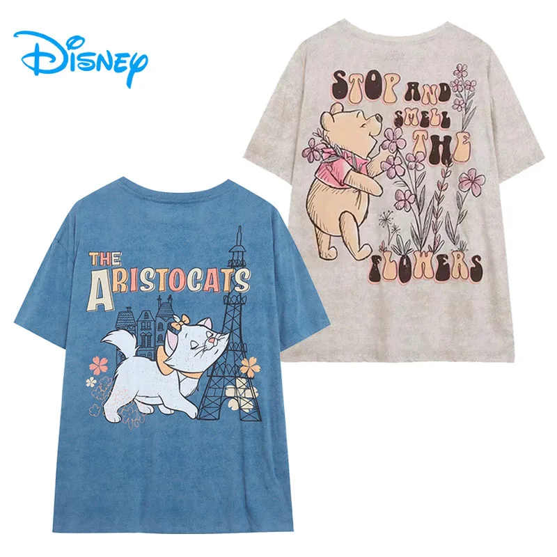 

Disney Marie Cat Винни-Пух, потертая футболка с круглым вырезом, футболка с короткими рукавами и рисунком, летняя женская повседневная свободная футболка, топ