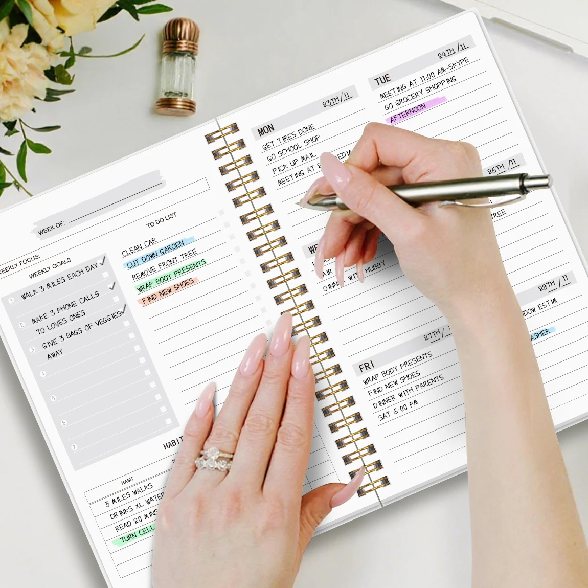 1PC Undated Weekly Planner Notebook, A5 Spiral Journal with Weekly Goals, To Do List & Habit Tracker, Floral Cover - view 3