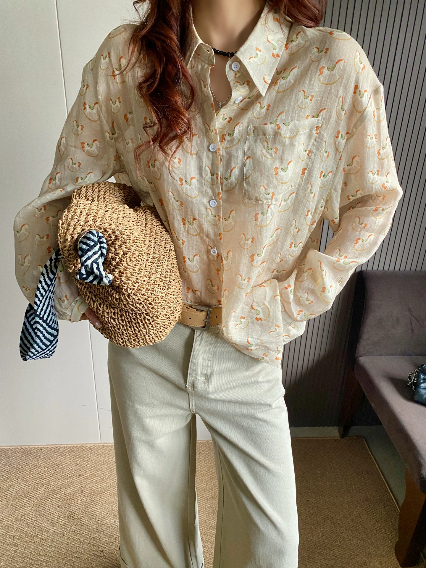 

Casual Linen Shirt Women's Spring New Loose Long Sleeve Printed Sun Protection Top Breathable Comfortable Lightweight Shirt