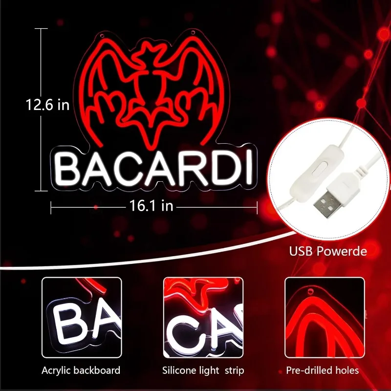 AHlove Bacardi Rum 네온 상업용 간판, 상점 벽 USB 전원 바 간판 조명, 남자 동굴 침실 홈 바 스토어 클럽