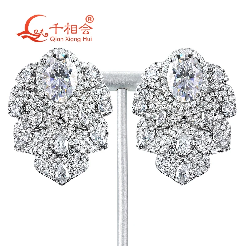 Peacock Hair Big Earrings 30*40mm S925  Silver Ear Stud with D VVS White Moissanite Stone for Women Dinner Party Jewelry Gift