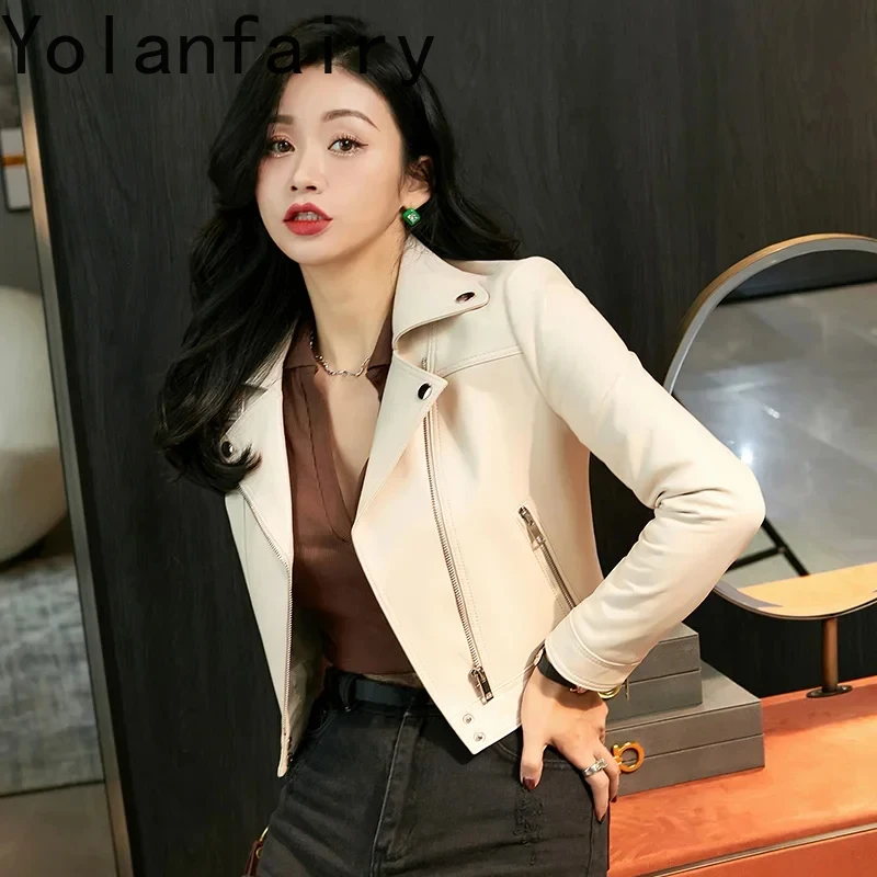 Genuine Leather Jacket Women White Leather Jackets Women Real Sheepskin Leather Coat Lapel Retro Biker Clothes chaqueta de cuero