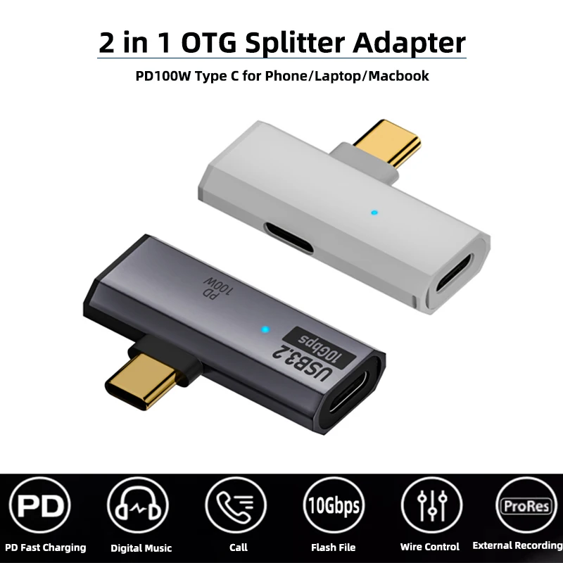 2 in 1 OTG Splitter Adapter PD100W USB3.2 10Gbps USB C to Dual Type C Fast Charging Converter Adapter for Phone Laptop Headphone