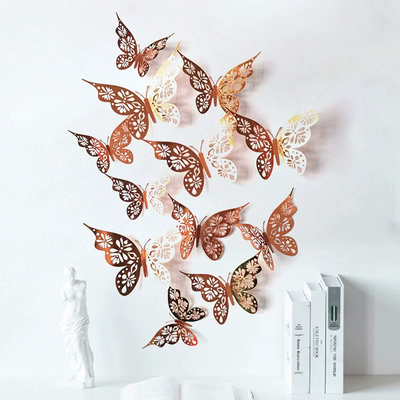 12 Pieces 3D Hollow Butterfly Wall Sticker Bedroom Living Room Kids Room Home Decor Paper Butterfly DIY Wall Art Magnet Stickers
