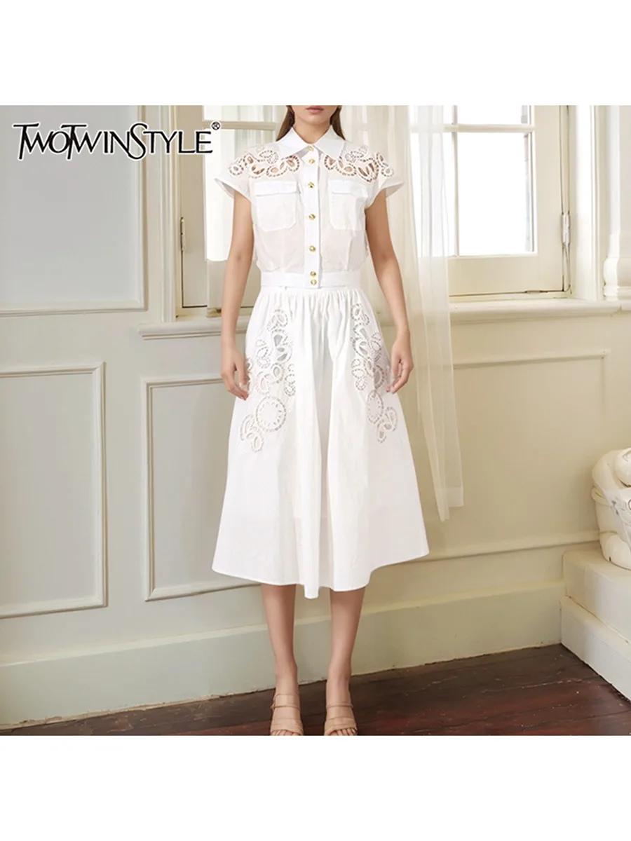 

TWOTWINSTYLE Solid Hollow Out Two Piece Set For Women Lapel Short Sleeve Top High Waist Temperament Skier Sets Female Clothes