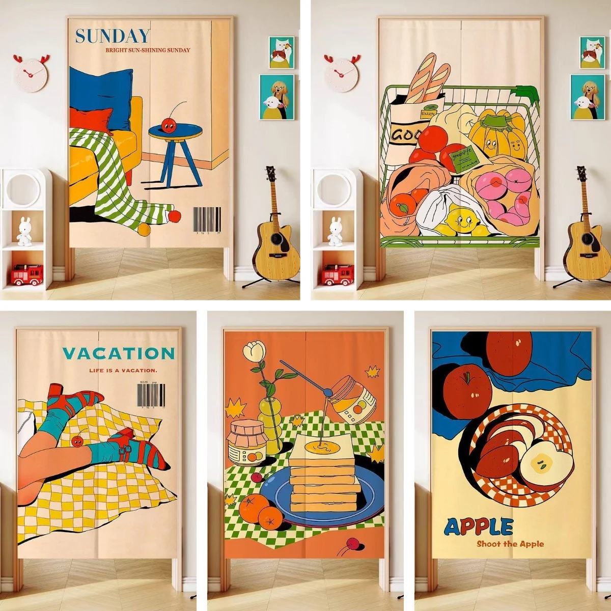 VIKAMA Retro Poster Art Door Curtain Vacation Sunday Apple Print Room Divider Half-Curtain for Living Room Entryway Decor