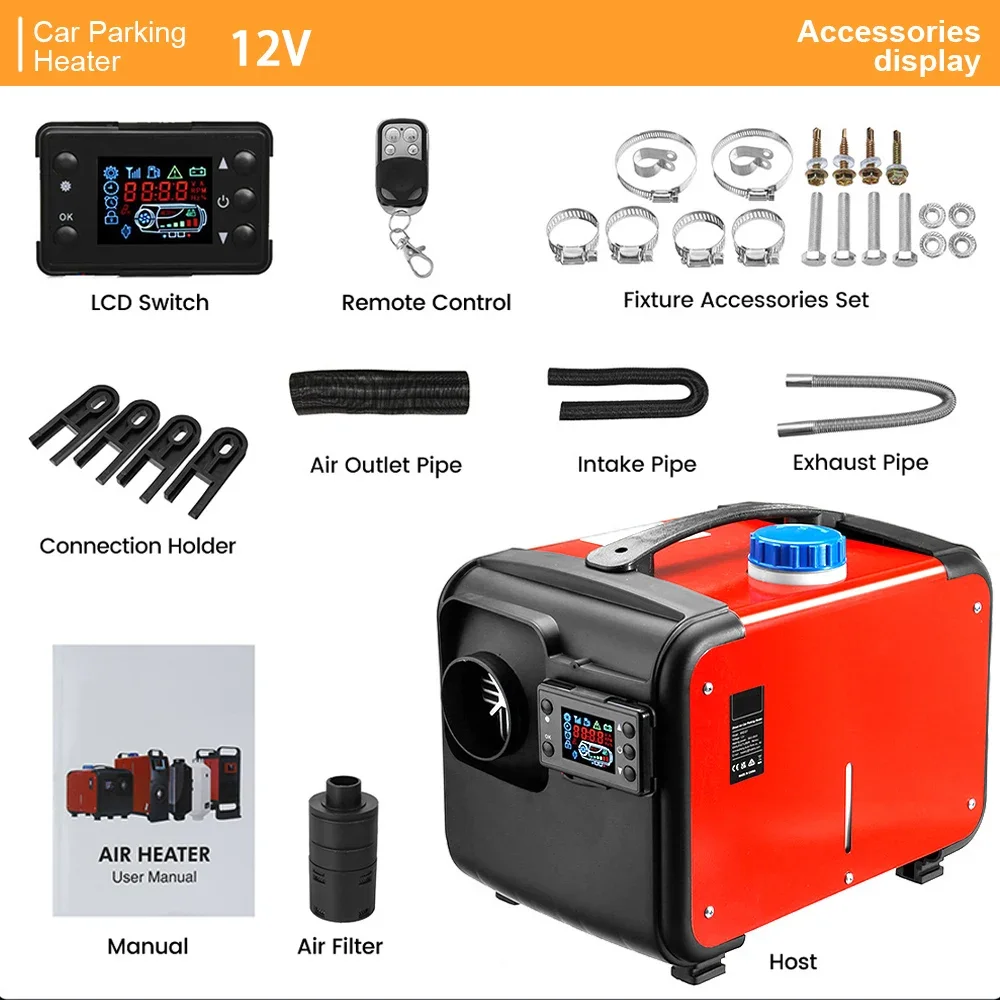 5-8KW 12V Unit Portable Air Heater Noise Reduction LCD Monitor Parking Warmer For Car Truck Boat RV Heating Red