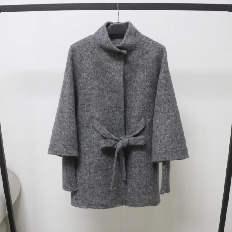 New Women's Double-Faced Wool Coat Loose Fit Slimming Medium-Length Blends Trench Coat Standing Collar Tie Belt Spring Jacket
