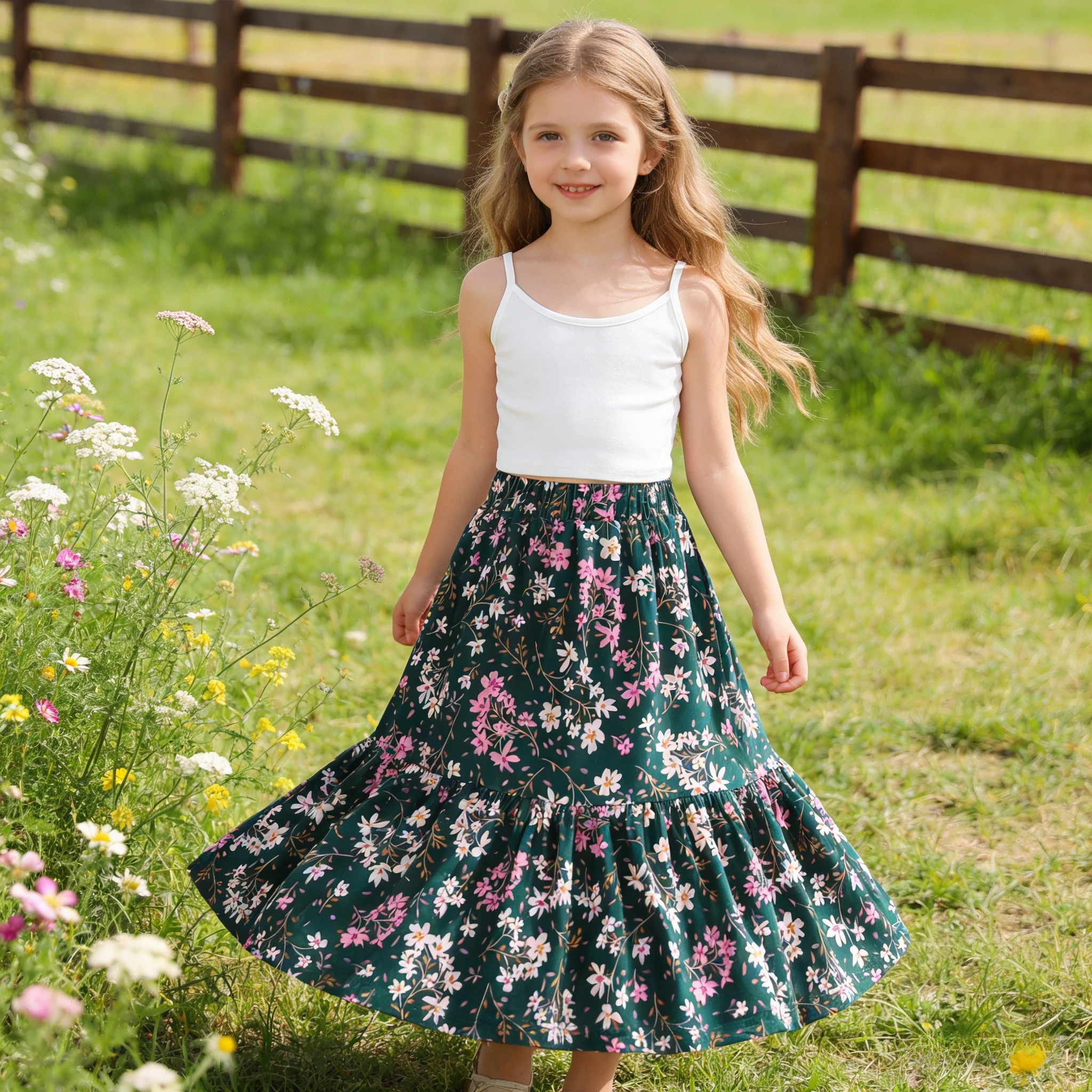 Girl Clothing Set Solid Strap Tops + Floral Print Skirts 2 Pcs Boho Fashion Clothes Kids Outfits Children Suit 6 7 8 9 10 11 Yrs