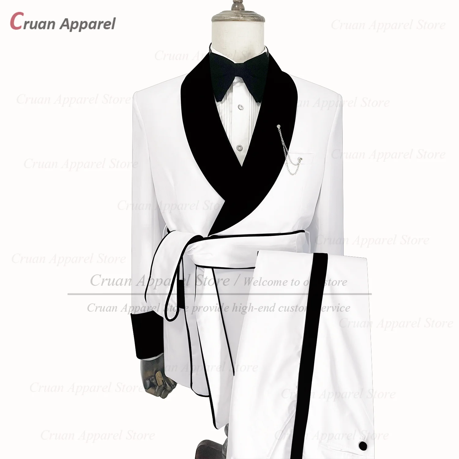 Fashion White Suits for Men 2 Pieces Double Breasted Blazer Pants Belt Set Tailor-made Luxury Velvet Lapel Prom Wedding Tuxedo