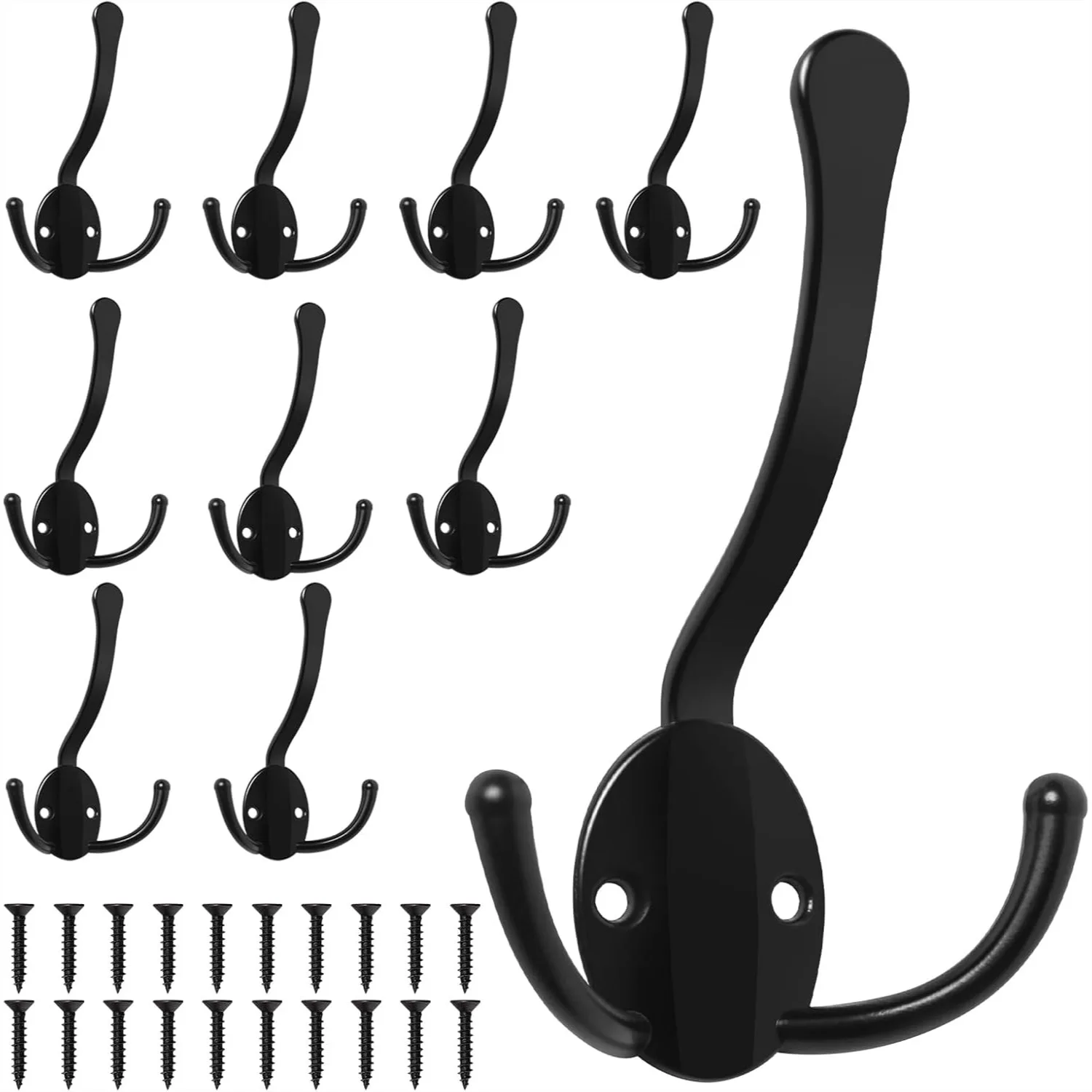 

10 Pack Heavy Duty Coat Hooks, Metal Three Prongs Wall Mounted with Screws, Rustic Black Hooks for Hanging Towel Coat Scarf Bag