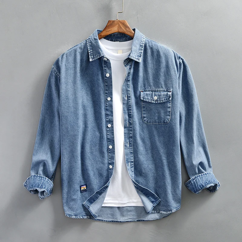 

Fashion Vintage Men Shirts Long Sleeve Blue Color Casual Cotton Denim Shirts Men Japanese Style Designer camisas de hombre