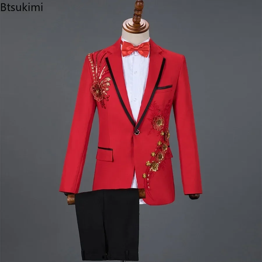 2025 Fashion Sequin Embroidery Suit Men Wedding Groom Tuxedo Suits and Pants 2PCS Sets New Men Single Button Lapel Stage Costume