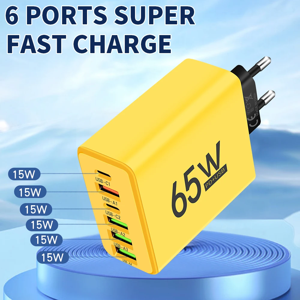 6 Ports Fast Charger 6 in 1 USB Type C Charger 65W PD Quick Charger USB C Phone Charger Adapter for iPhone Samsung Xiaomi Huawei