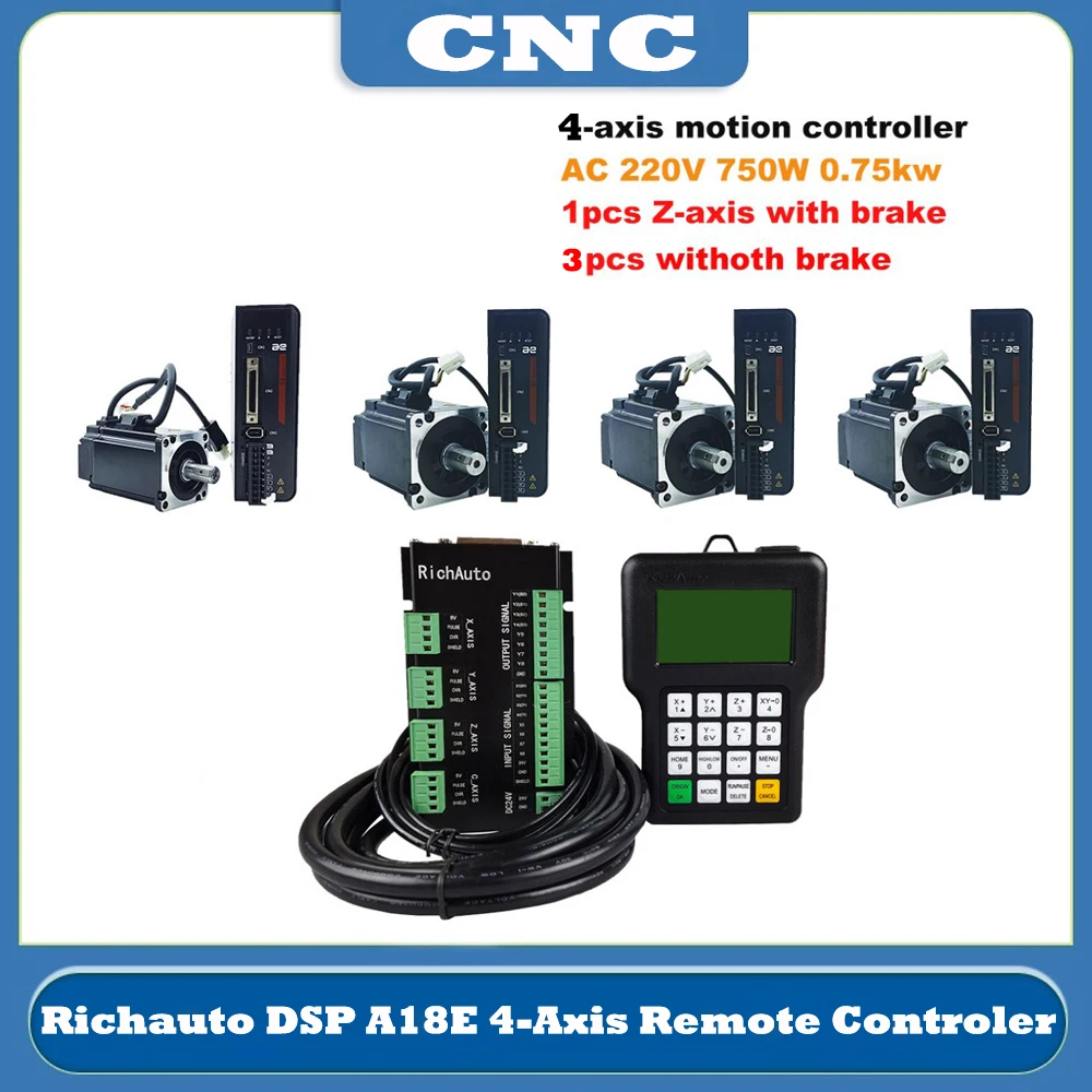 

RichAuto DSP A18E CNC 4-axis motion remote controller + AC 220V 750W 0.75kw 2.39NM multi-turn magnetic servo motor + driver kit