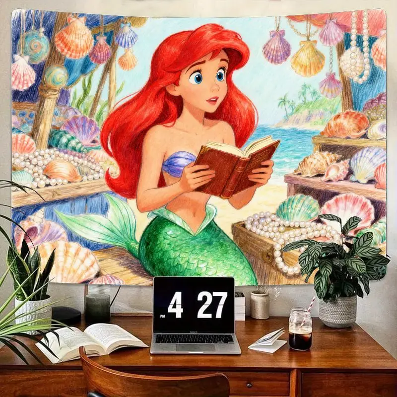 

1 шт. гобелен с русалкой Диснея Ариэль, книга для чтения под морем, настенное искусство, фэнтезийный декор комнаты из полиэстера, подарок для Русалочки Фа