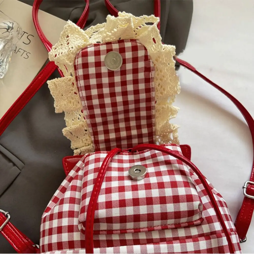 Mochila a cuadros de encaje de estilo coreano a la moda, mochila de viaje para ir al trabajo con cereza, bolso de lona para libros, bolso de hombro con lazo para verano
