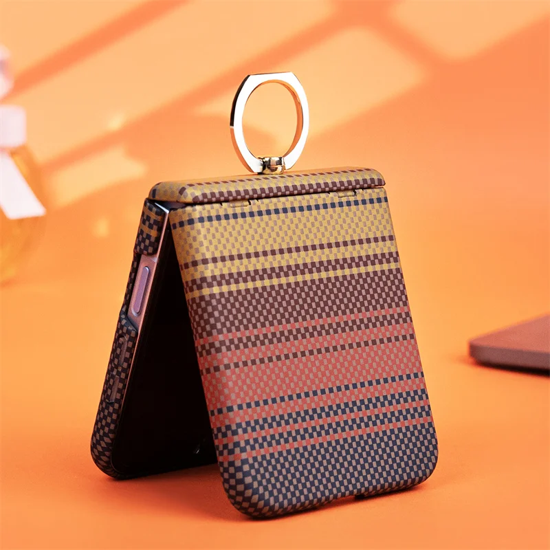 

For Samsung Galaxy Z Flip 7 6 5 4 3 Carbon Fiber Texture Magsafe Ring Hinge Case Screen Protect Film Wireless Charging PC Cover