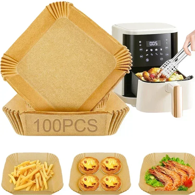 

50/100PCS Large Air Fryer Bakeware Disposable Paper Tray Non-Stick Mat Baked Silicone Paper Square Round Air Fryer Accessories